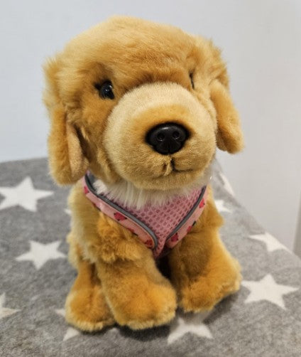 Emotional Support Stuffed Animal-Golden Retriever Dog special pink harness with red flowers